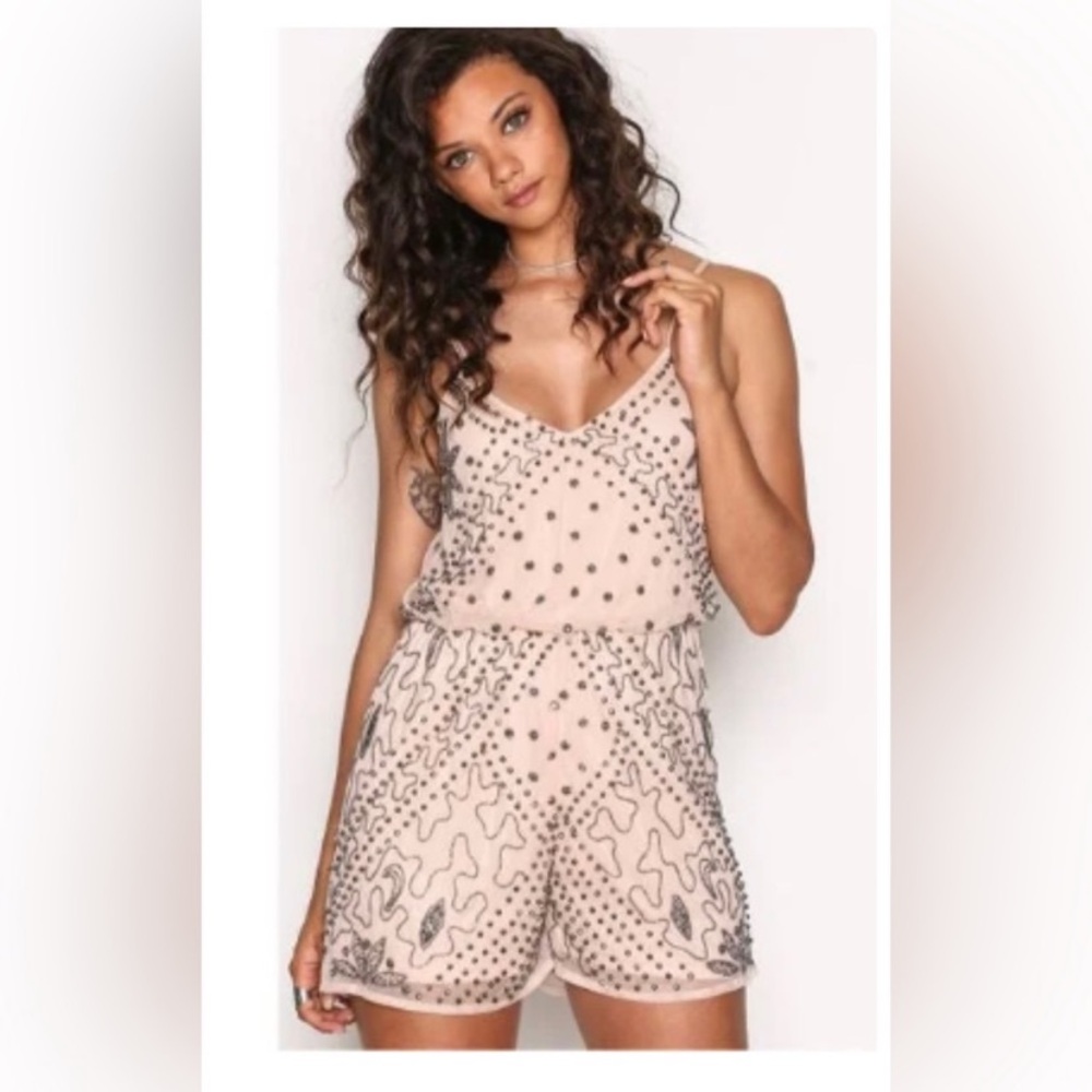 Dex Spaghetti Strap Beaded Embellished Romper- Rose Cloud Size Small Boho